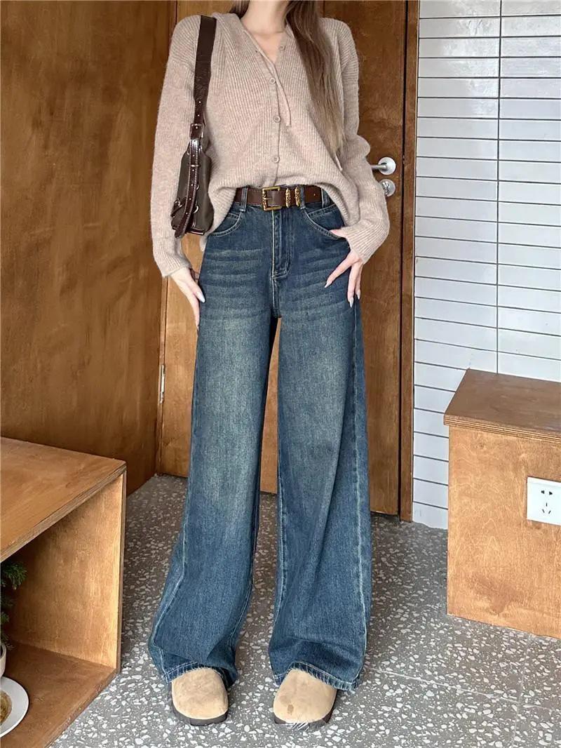 

Ретро Уличные Женские Выстиранные Потертые Джинсы с Широкими Штанинами - Весенний Корейский Стиль L темно-синий