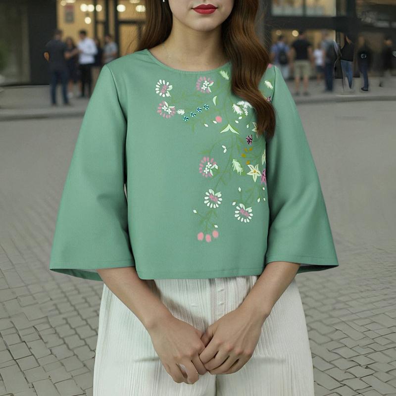 

ZANZEA Женская повседневная блузка с цветочным принтом, круглым вырезом и рукавами 3/4, свободного кроя 4XL зелёный