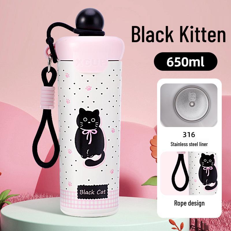 Мультяшный стакан с трубочкой большой вместимости: Изолированная нержавеющая сталь 316, портативная для студенток и использования на открытом воздухе, с плавающим шариком и веревкой 650ml