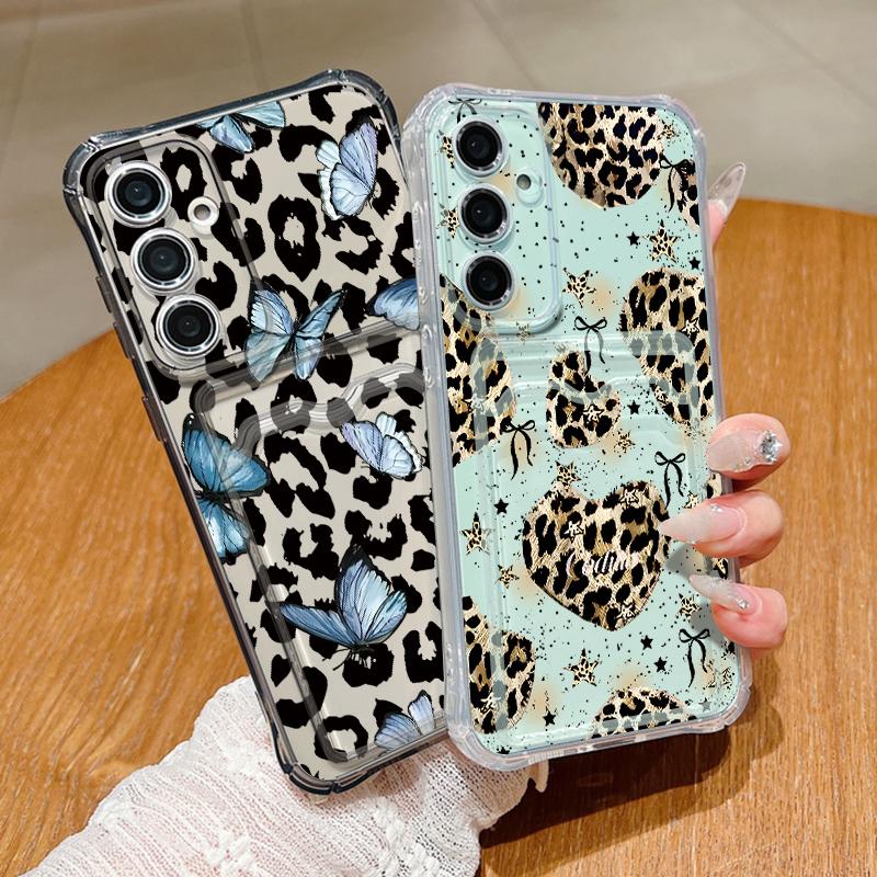 Leopard Butterfly Print Case For Samsung S26 S25 Ultra S24 Plus S23 S22 S21 FE A18 A54 A55 A16 A26 A36 A56 A17 A37 A57 5G Clear Card Slot Back Cover
