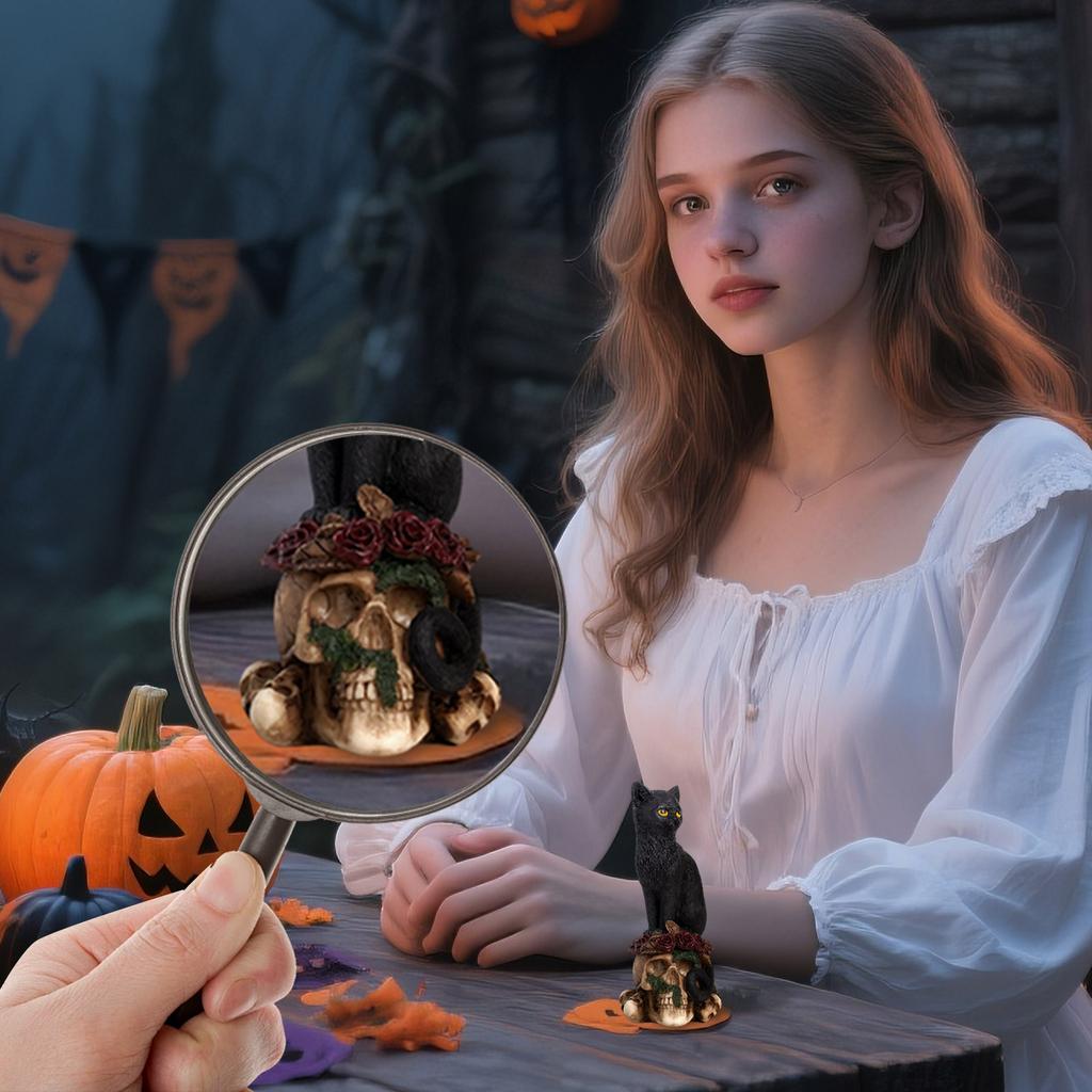 Witchcraft Cat, Mystery Cat Sitting On A Skeleton, Poisonous Rose  Statue 3D Cat Skeleton Decoration