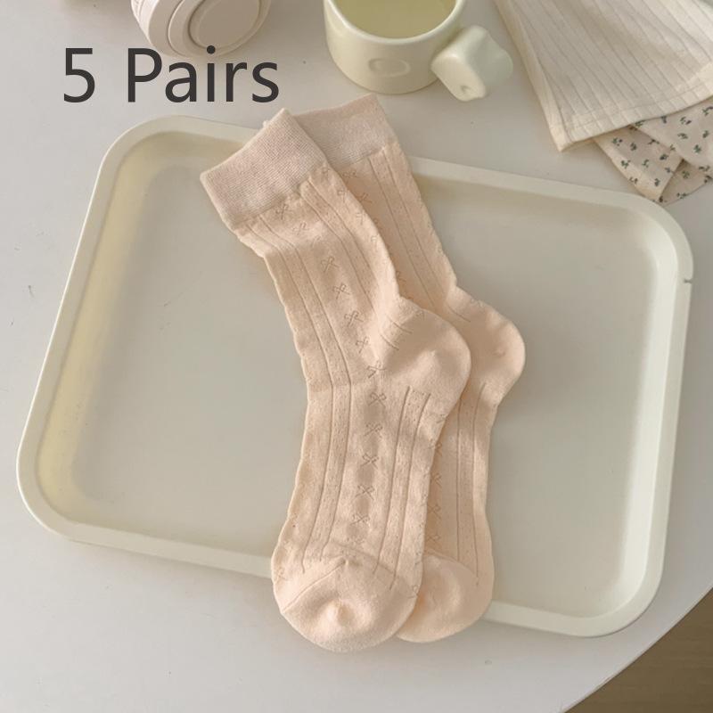 5 Pairs of Women Spring and Summer Thin Sweet Simple Bow In The Tube Pile Socks