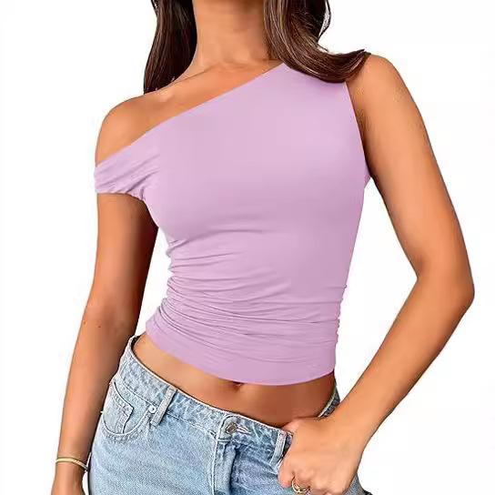 Slant Neck Top, Sexy Babes Slanted Shoulders, Solid Color Vest, Summer Women's Off-the-shoulder Pullover, Off-the-navel Women's Clothing