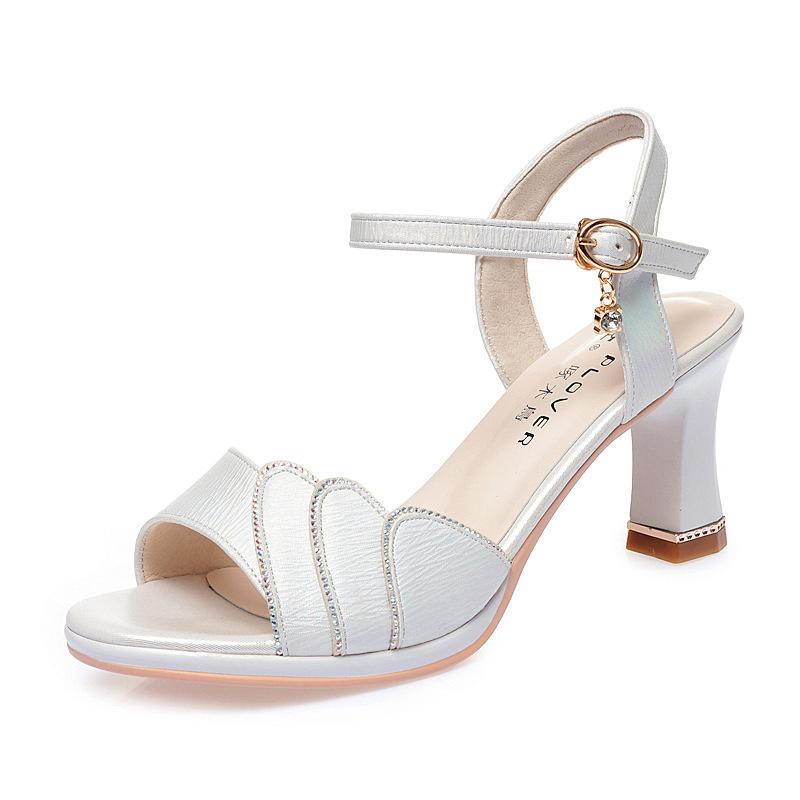 

Comfort Soft Leather Sandals Women s Summer Fashion Shoes Mother Thick Heel High Heels Diamond Non-slip Black Thin Shoes 35(Foot22.5cm)