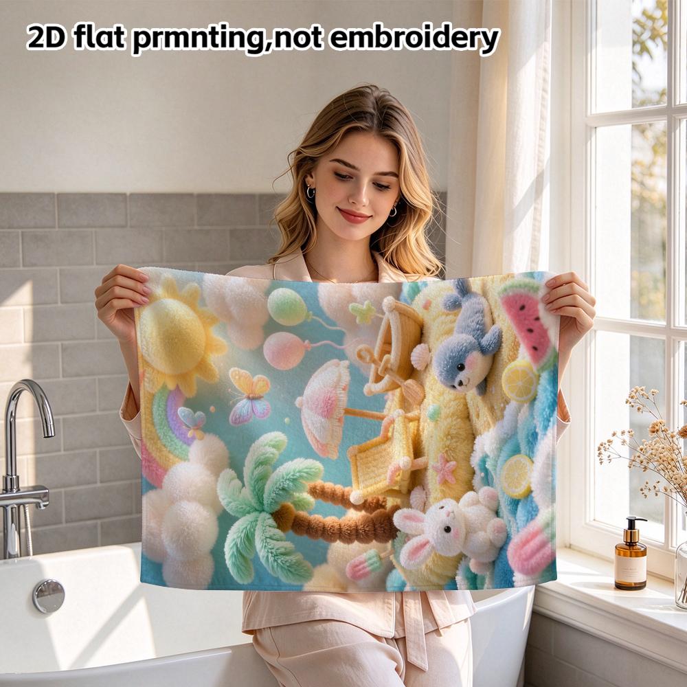 Pastel Beach Bunny Seal Print Towel, Quick Dry Absorbent Bath Towel, Cute Summer Island Animal Hand Towel
