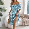 Women's Fashionable Floral Print Off Shoulder Short Sleeved Ruffle Edge Holiday Beach Loose Dress