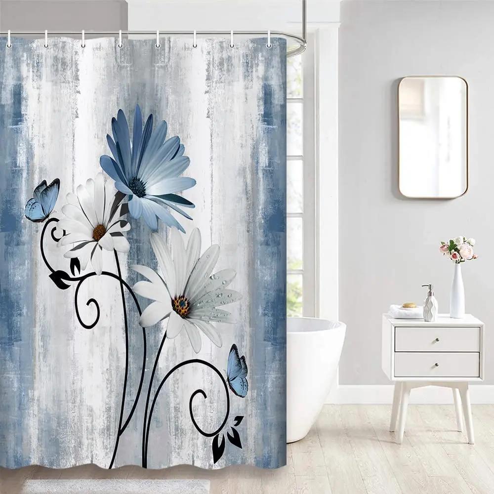 Teal Large Daisy Floral and Butterfly Shower Curtain Turquoise Bathroom Curtain Waterproof Bathroom Decoration With Hooks