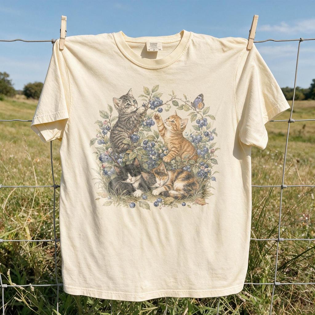 Cottagecore Cat Shirt, Comfort Colors Floral Kitten Butterfly Graphic Tee, Vintage Whimsical Flower T-Shirt, Cute Cat Lover Gift for Cat Mom