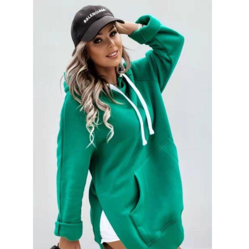New Fall Women's Clothing Fashion Wind Street Easiest for Match Long Sleeves Pure Color Hooded Tops Split Mid Length Long Length Pocket Sweatshirt