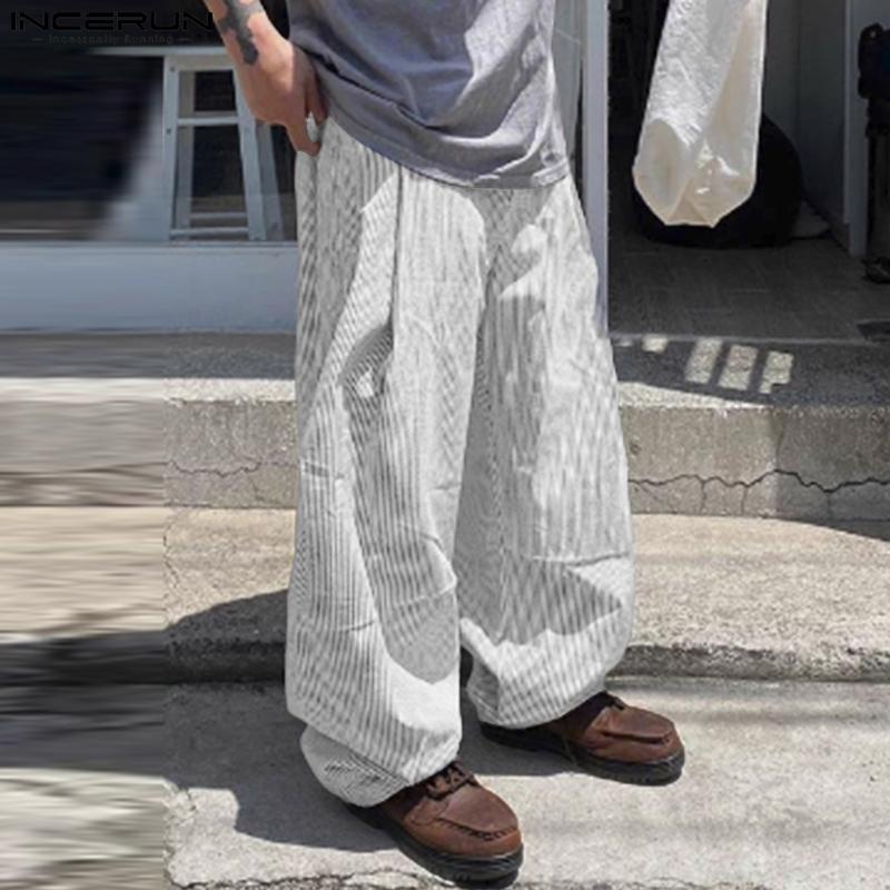 INCERUN Men Casual Zipper Waist Striped Long Ruffled Wide Legs Pants Trousers
