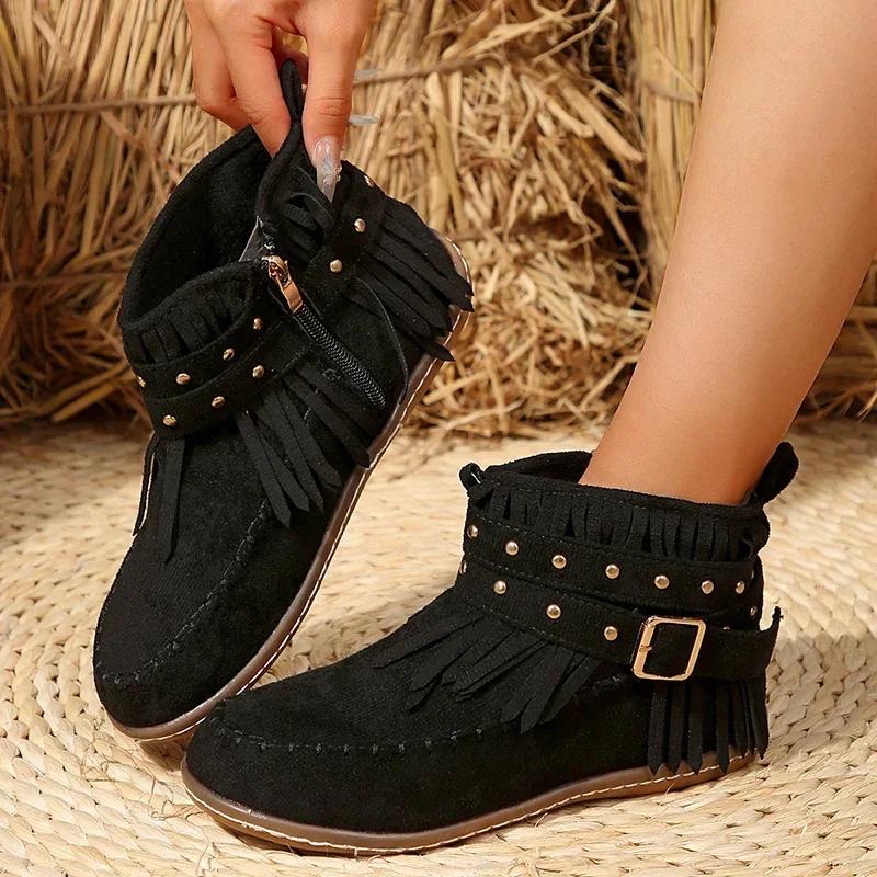 Fashion Women Winter Large Size Rivet Boots Woman Retro Ethnic Western Cowboy Boots Block Flat Heels Tassel Fringe Ankle Boots