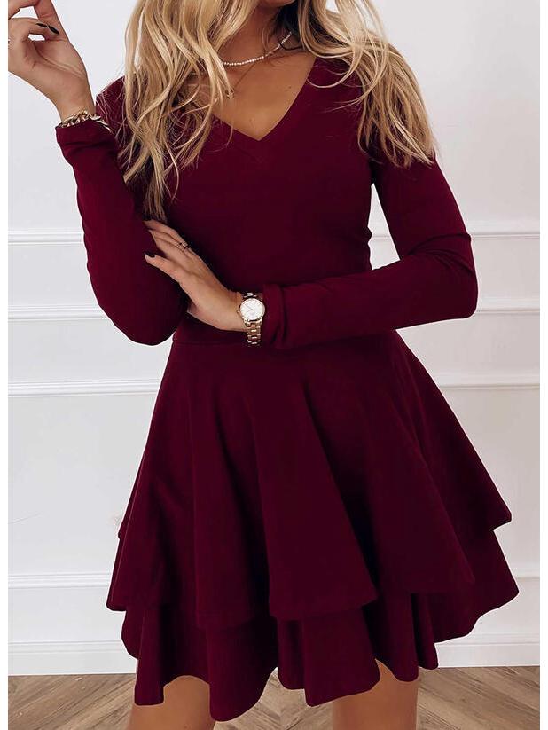 Women's Mid-Waist Solid Color Princess Pullover Dress with Spliced Hem
