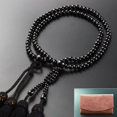 Kjótský buddhistický oltářní modlitební korálky Hajaši, Jodo Shinshu, osm velikostí, černý onyx, oficiální obřadní taška, kjótské modlitební korálky (Pro ženy) [Sada korálků] SW-069