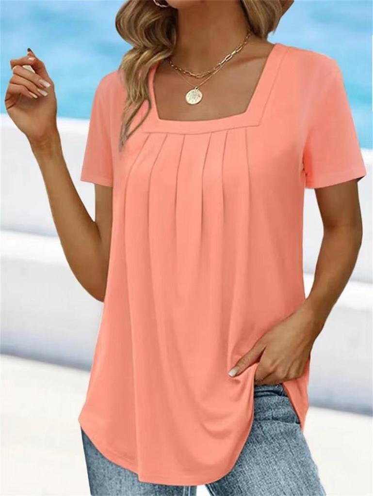 Summer Women's Pleated Square Neck Solid Color Loose Short Sleeve T-Shirt Top