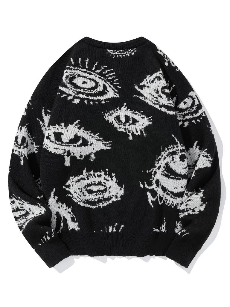 Men's Trendy Dark Style Eye Pattern Knit Sweater - European/American Streetwear, Autumn/Winter Collection