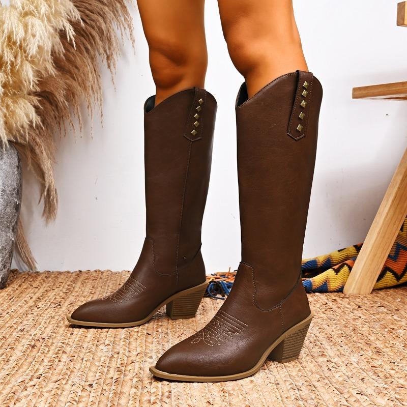 

Women s Metallic Embroidered Western Knee High Boots - Chunky Heel Cowboy Boots with Rivet Details, Fall Fashion Boots 42 кавовий