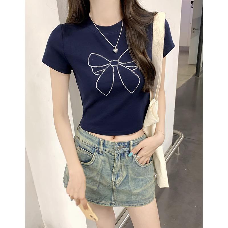 Navy Blue Bow Hot Diamond Round Neck Right Shoulder Short-sleeved T-shirt for Women Summer Petite Slim Fit Bm Short Crop Top