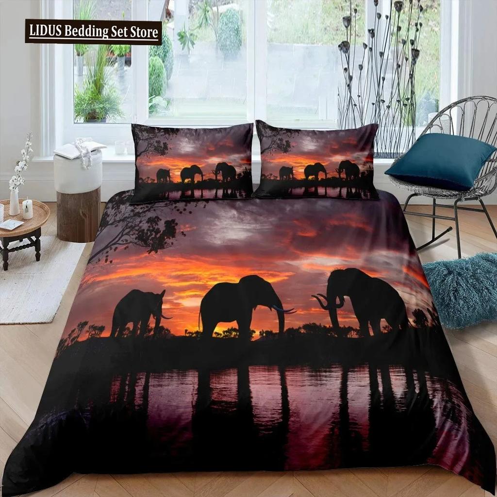 3D Elephant Duvet Cover Set Queen Size African Safari Animal Comforter Set Wildlife Bedding Set Retro Wall Decor Bedspread Cover
