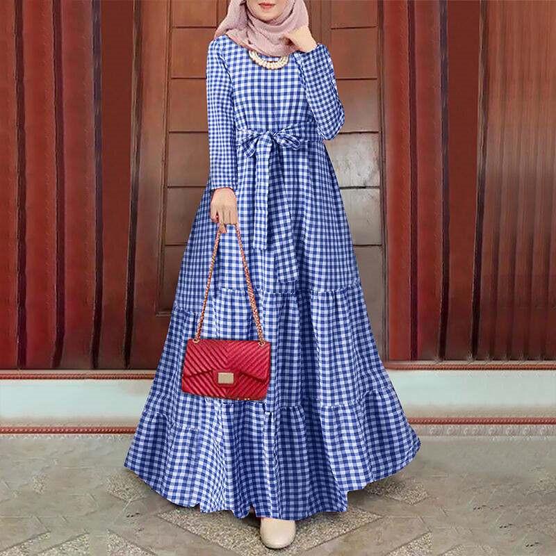 Plaid Round Neck Full Sleeve Loose Dress with Belt