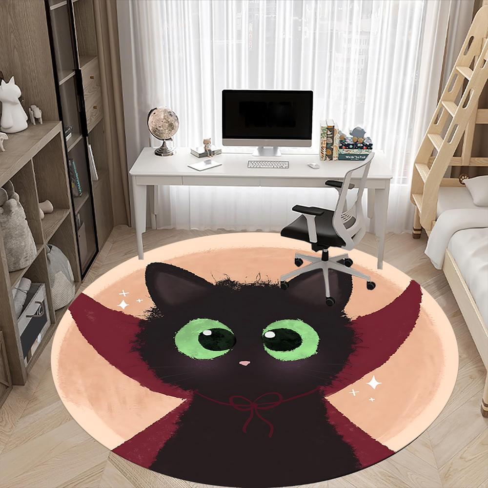 1PC Black Cat Office Round Area Rug,  Mat Suitable ForOffice, Under Office Chairs Bedroom Living Room Home Decor, Room Deco