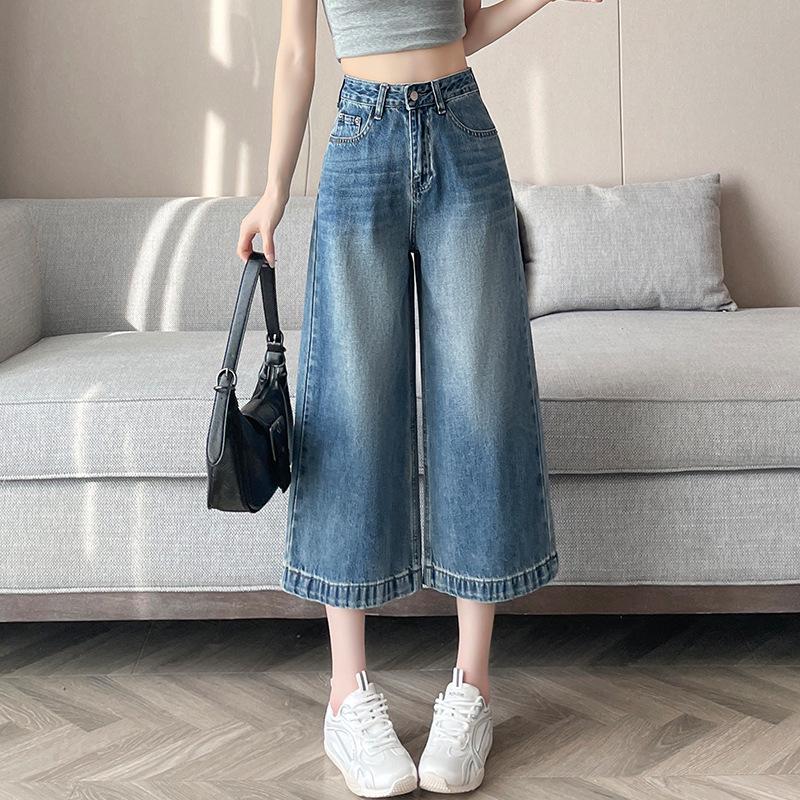 

Women s Retro High-Waist Blue Denim Wide-Leg Cropped Pants - Summer Slimming Loose Fit M