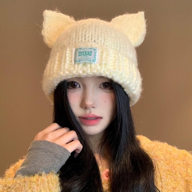Women Winter Crochet Hat Cats Ear Knitted Hat for Girl Skiing Cycling Warm Winter Snow Hat for Christmas Present