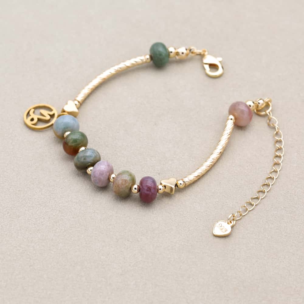 Women Constellation Zodiac Charm Strand Bracelet Natural Stone Indian Jasper Beads Gold Plated Fashion Jewelry Gifts