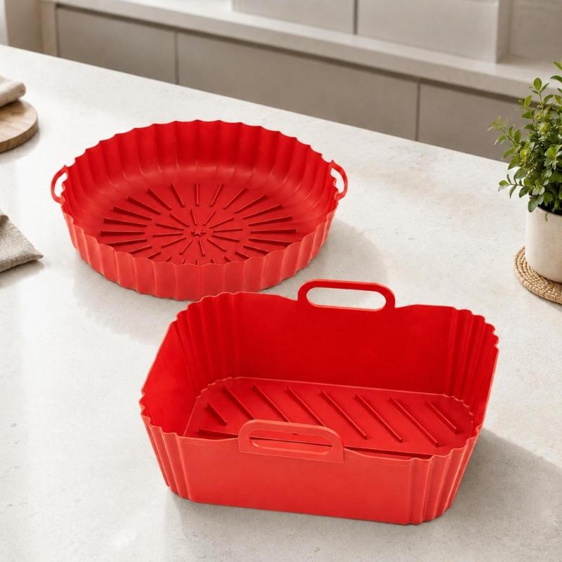 Round and Square Cooking Basket Trays in Reusable Silicone with Grip Handle Design and Crumb Collecting Base Pair