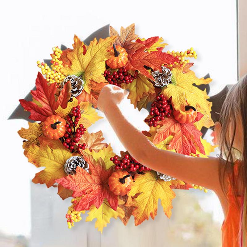 Harvest Wreath Thanksgiving Front Door Wreath Decor Artificial Holiday Fall Thanksgiving Wreath Berry Maple Leaves Pumpkin