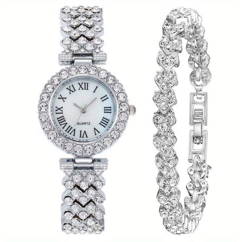 2pcs Luxury Women Rhinestone Rose Gold Watch Fashion Ladies Quartz Diamond Wristwatch Elegant Female Bracelet Watches Set Gift