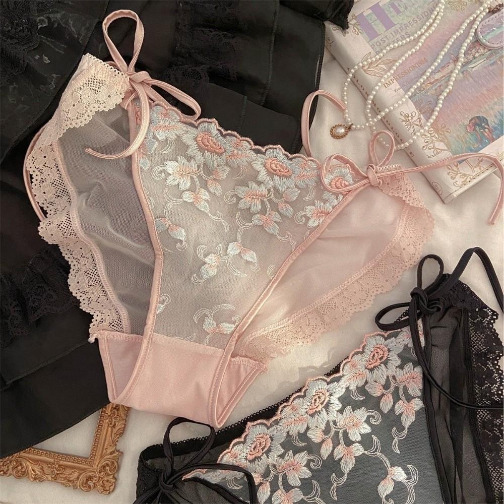 Low Waist Embroidery Flower Panties Transparent Mesh Lace Briefs Underwear for Women Girl