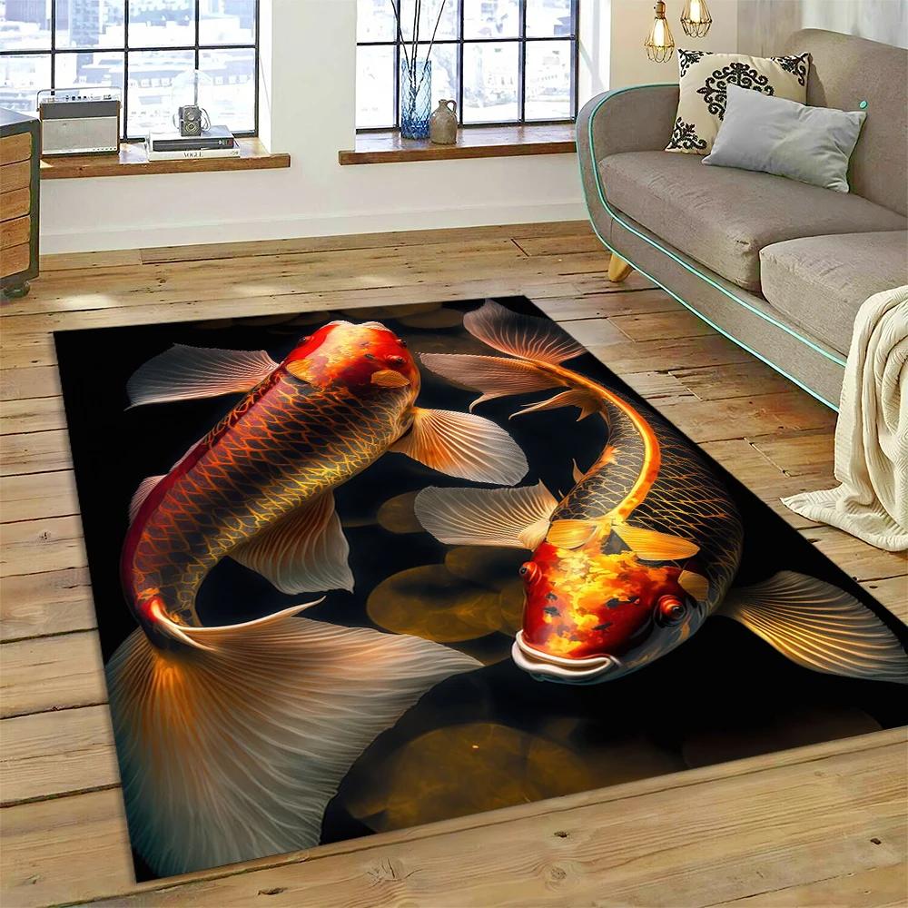 שטיח מצויר דגי קוי יין יאנג טבעיים לבית, לסלון, לחדר השינה, לספה, שטיחון כניסה, קישוט, שטיח אזור לילדים, מחצלת מונעת החלקה