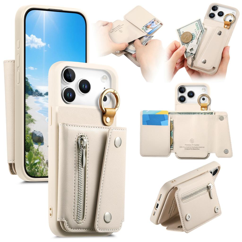 For iPhone 17 Pro Max Case D-Ring Holder Leather + PC + TPU Phone Cover with Wallet Kickstand