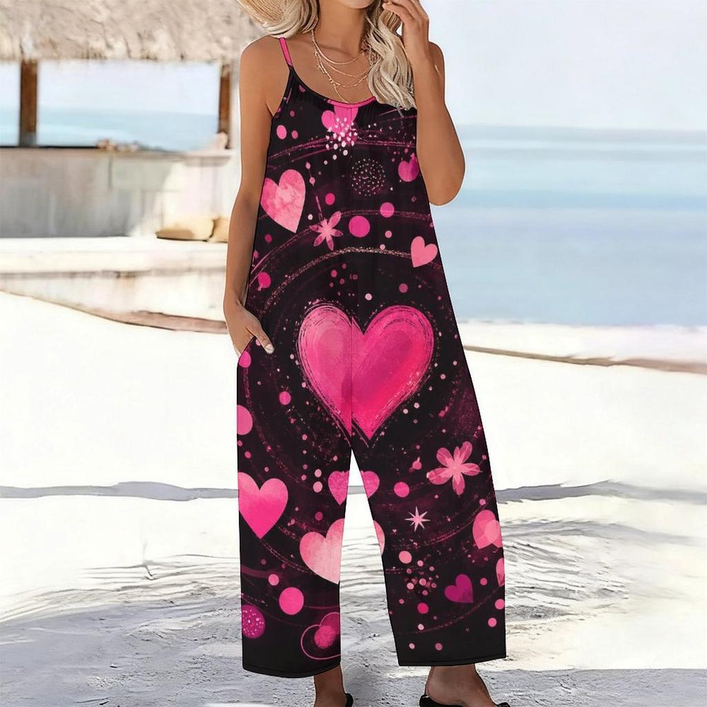 Women Spaghetti Strap Jumpsuit Pink Heart Flower Print Wide Leg Pants With Pockets