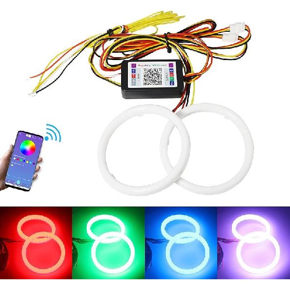 Qasim Angel Eyes Halo Rings Cotton Lights 12V 70MM RGB LED Universal for Car Scooter Motorcycle DRL Fog Light Turn Signal Light APP Bluetooth Control