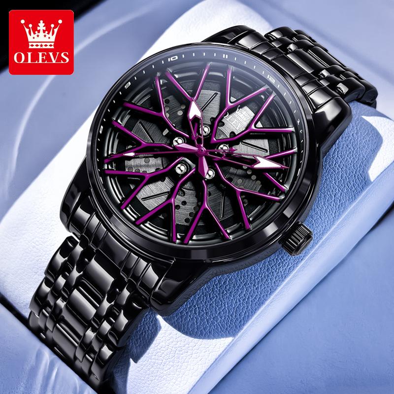 

OLEVS Fashion 360° Rotary Dial Sport Car Rim Wheel Hub Quartz Watch Men Waterproof Stainless Steel Men s Wristwatch фиолетовый