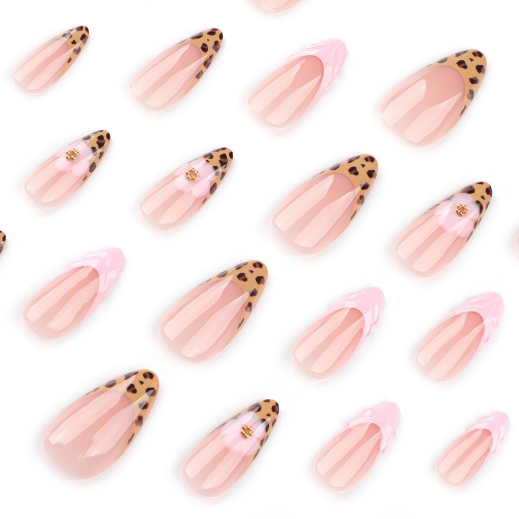 Hot Selling French Leopard Print 3D Almond Shape Press-On Nails - Super Flash Nail Art