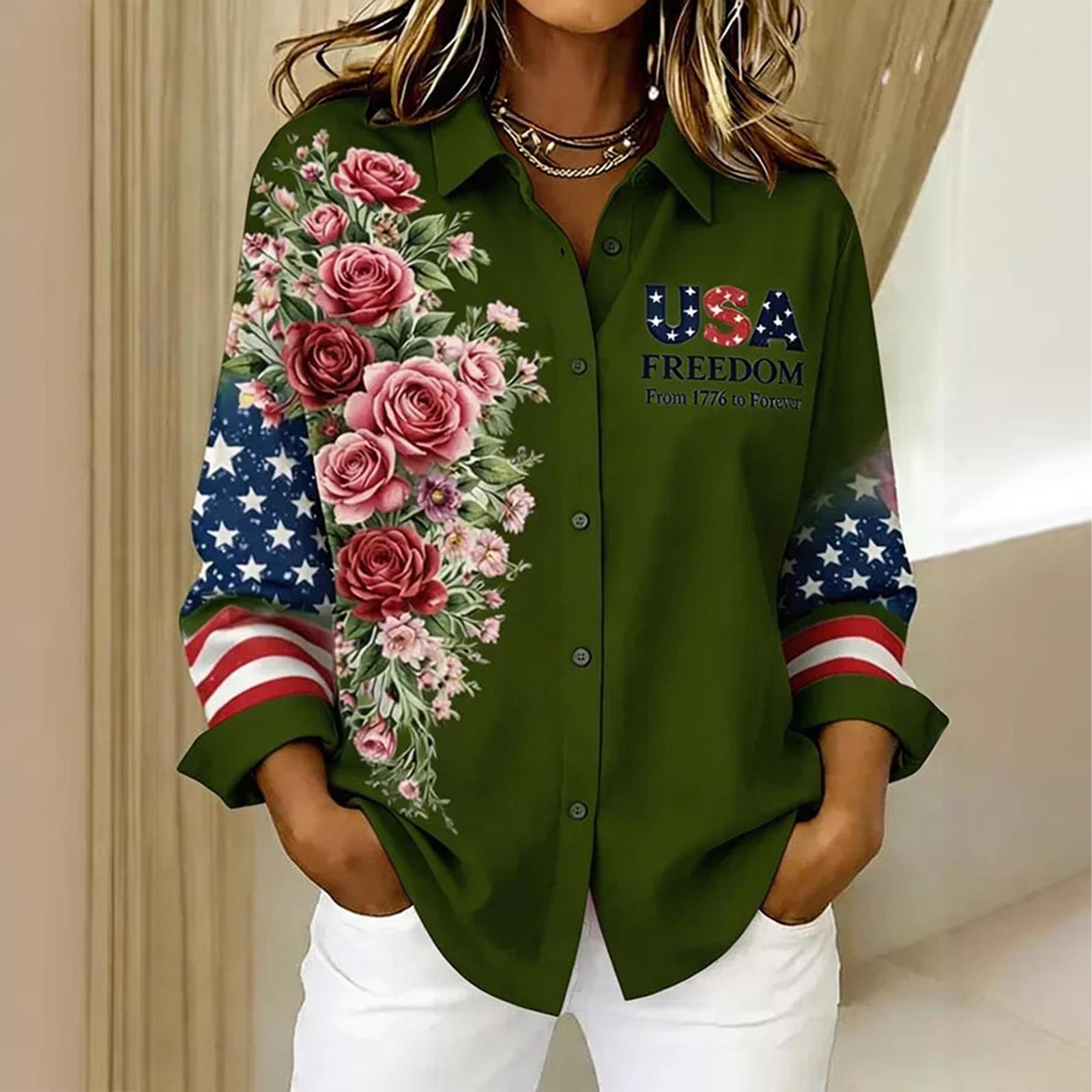 

Women s Fashion Casual Summer Floral American Five-Pointed Star USA Print Long-Sleeved Shirt L армия зеленый