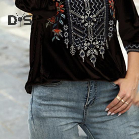 Dámská halenka Tradiční mexické dámské vyšívané topy Volný střih Bohémský květinový 3/4 rukáv Košile pro každodenní nošení