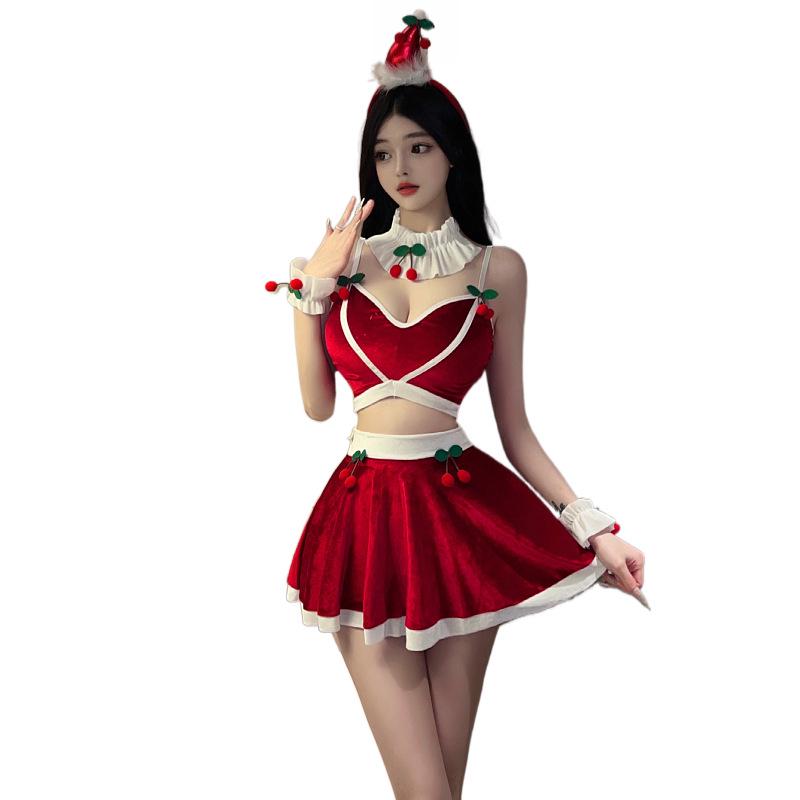 Sexy Christmas Cherry Lingerie Set: Deep V Top & Hip-Hugging Skirt