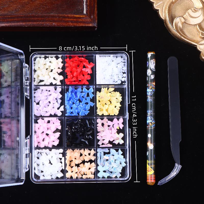 12/15 Grids/Box Mixed Resin Bowknot Nail Charms 3D Colorful Bow  Nail Art Decorations Diy Manicure Parts With Tools