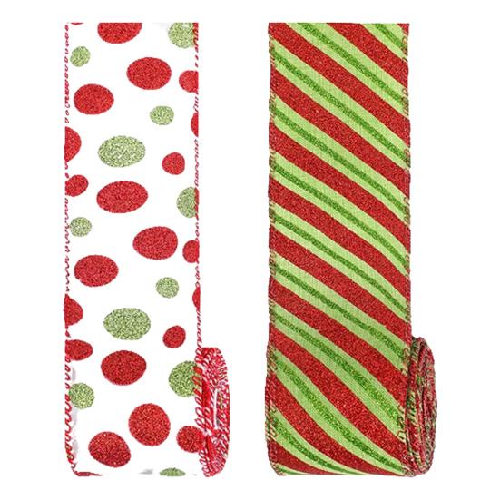 5 Yards Christmas Wired Ribbon 2.48" Red Green Polka Dot/Stripe/Swirl Christmas Wrapping Ribbon for Xmas Tree Wreath Bow Gift Wrapping DIY Crafts