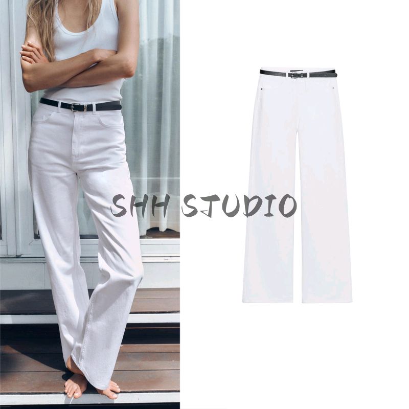 Summer New Women clothes Minimalist Style Five Pocket Decoration White Cotton High Waist Straight Jeans 1889151