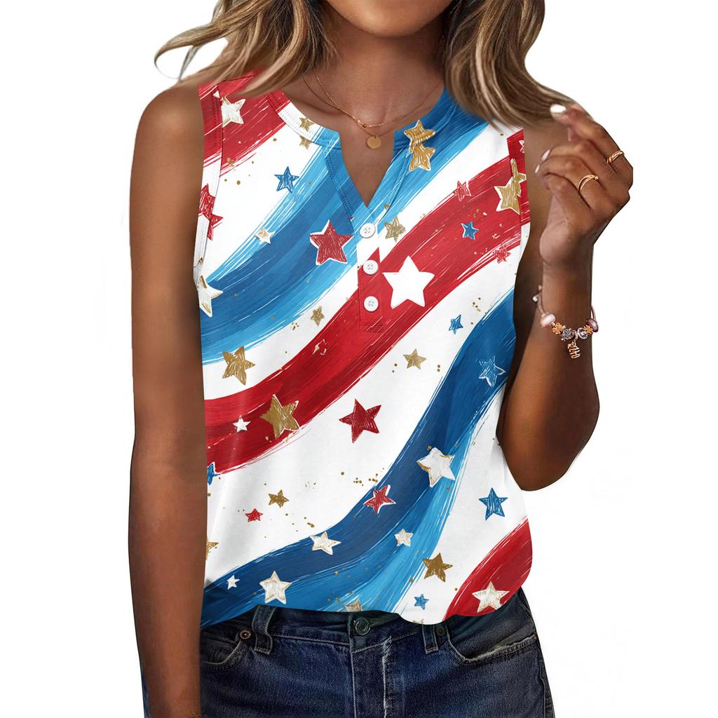 Women Sleeveless V Neck Button Front Casual Top with Star Print Pattern Relaxed Fit for Everyday Wear