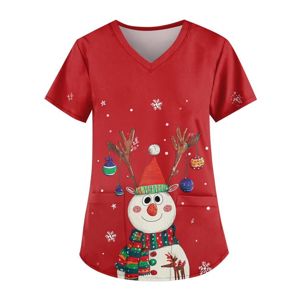 Ladies' Fashionable V-neck Pocket Short Sleeved Christmas Tree Printed Caregiver Uniform