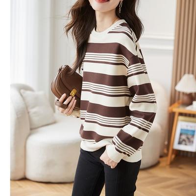 Kadınlar için Yeni Sonbahar Bol Çizgili Yuvarlak Yaka Sweatshirt Çok Yönlü Uzun Kollu Temel Üst Ceket