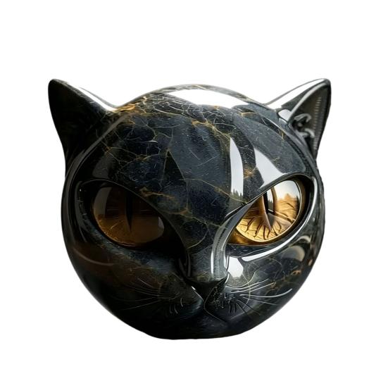 Mysterious Obsidian Style Ornament Spherical Black Cat Head Ornament, Resin Gothic Sculpture with Colorful Lover Gift Eyes for Halloween
