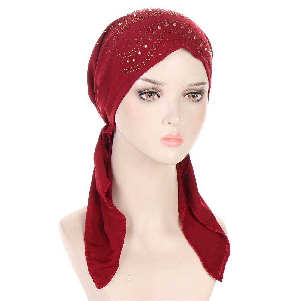 Solid Color Muslim Headscarf Hat Thin Summer Rhinestone Hijab Caps Ramadan