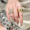 Farah Curved Gemstone Ring, Antique, Plated 18K Gold, Convex Emerald, Zircon Ring