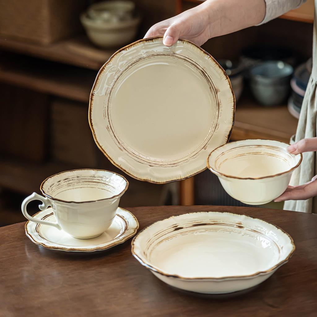 French Light Luxury Tableware Ceramic Bowl Set Household Retro Style Plate Vegetable Plate Round Rice Bowl Plate